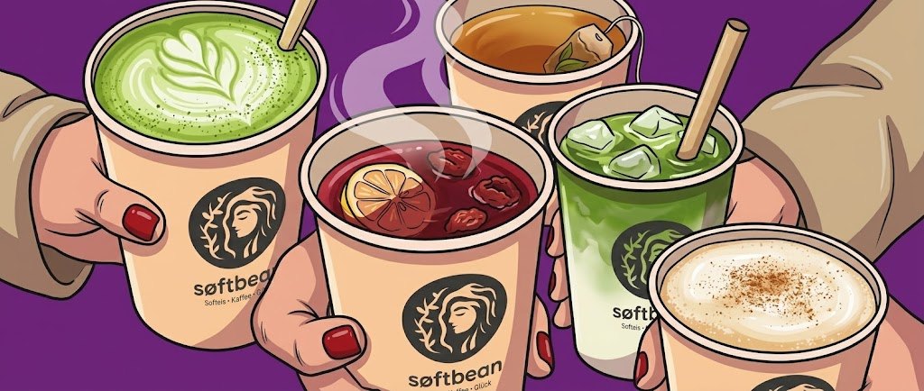 søftbean-Becher mit Matcha Latte, Früchtetee, Schwarztee, Iced Matcha und Chai Latte